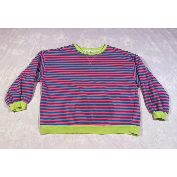 UIEU Tops - UEU Womans L Striped Crew Neck Long Sleeve Pullover Sweatshirt Pink Blue Neon